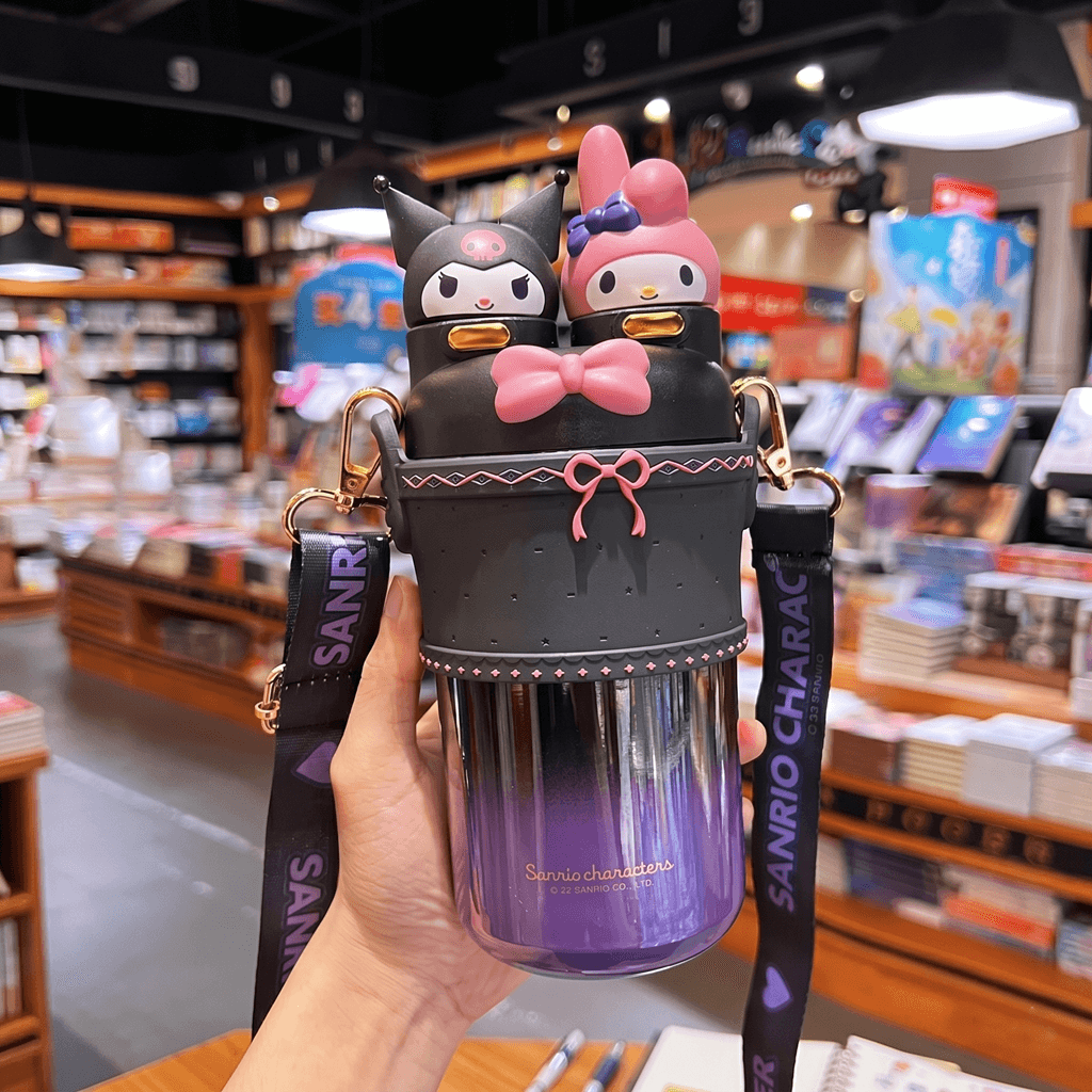 Kuromi & My Melody Stainless Steel Tumbler with Strap – Dual-Lid Insulated Bottle with Straw & Sip Design alternate