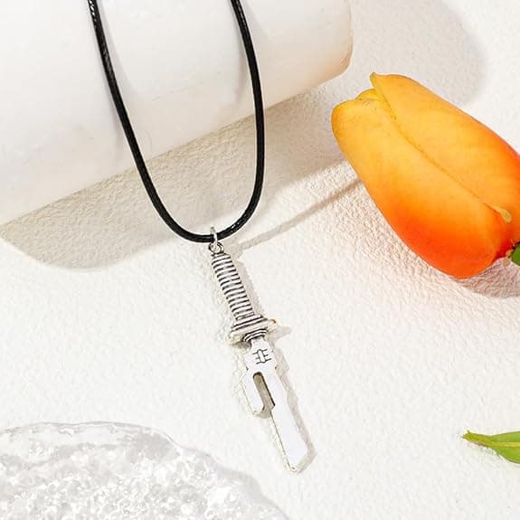 Anime-Inspired Blunt Sword Pendant Necklace and Engraved Ring Set alternate