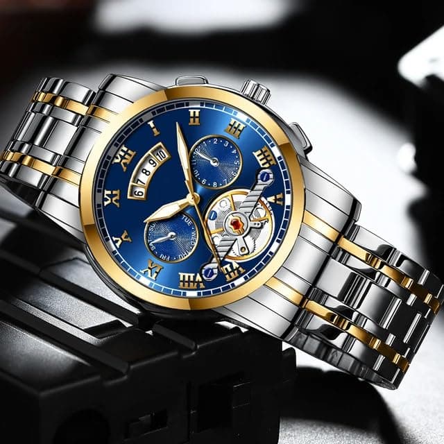 Men's Luxury Two-Tone Automatic Watch with Blue Dial and Open Heart Movement
