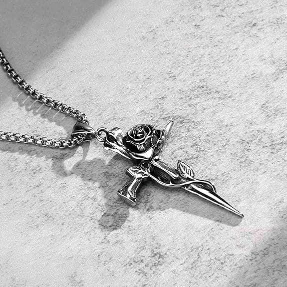 Gothic Silver Nail Cross Pendant Necklace with Entwined Rose