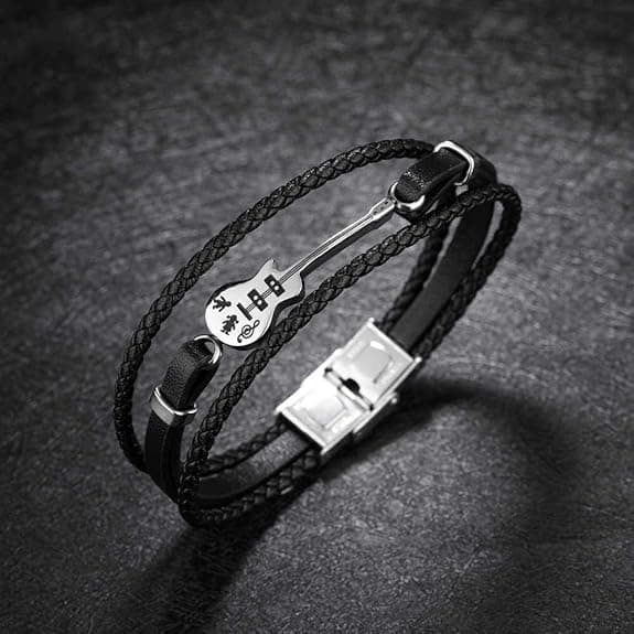 Guitar Charm Black Leather Braided Bracelet for Men & Women alternate