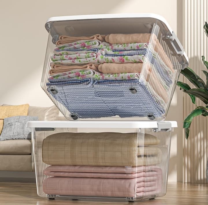Clear Stackable Plastic Storage Bin with Latching Lid and Built-in Wheels