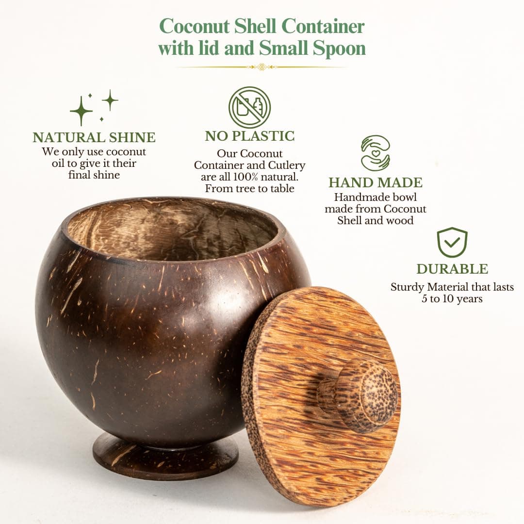 Handcrafted Natural Coconut Shell Storage Jar with Pedestal Base and Wooden Lid alternate
