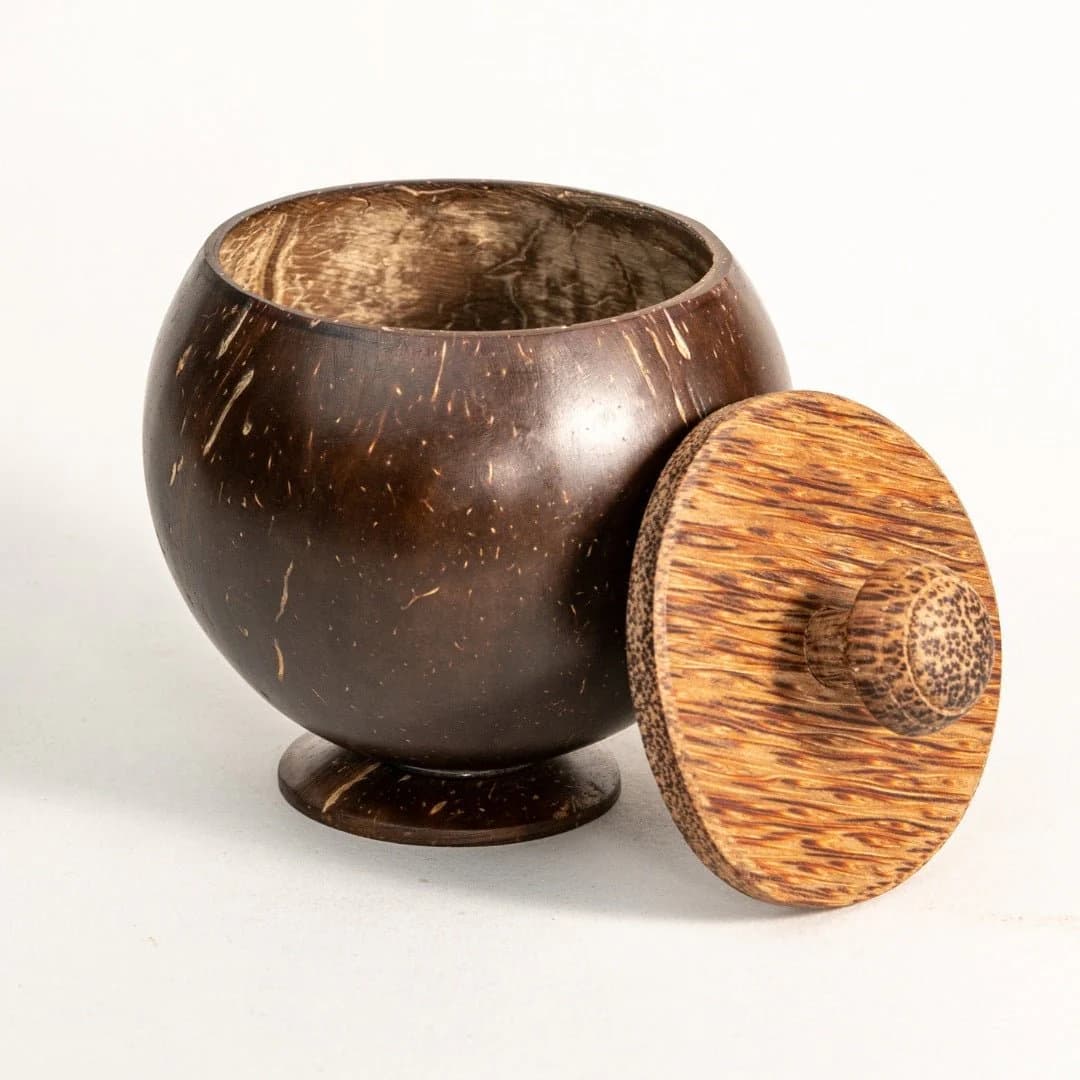 Handcrafted Natural Coconut Shell Storage Jar with Pedestal Base and Wooden Lid