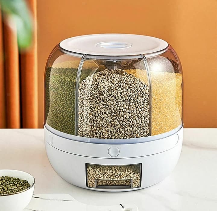 360° Rotating Multi-Compartment Grain and Cereal Dispenser with Measuring Drawer