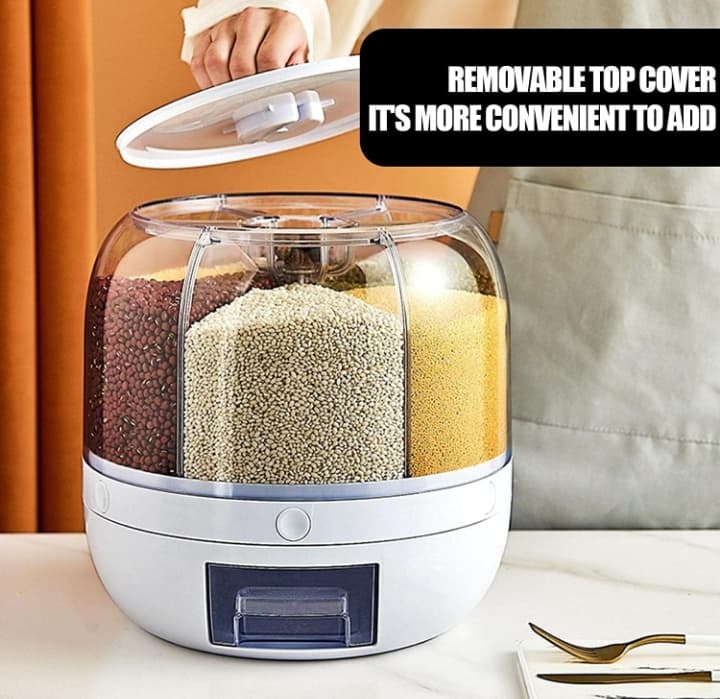 360° Rotating Multi-Compartment Grain and Cereal Dispenser with Measuring Drawer