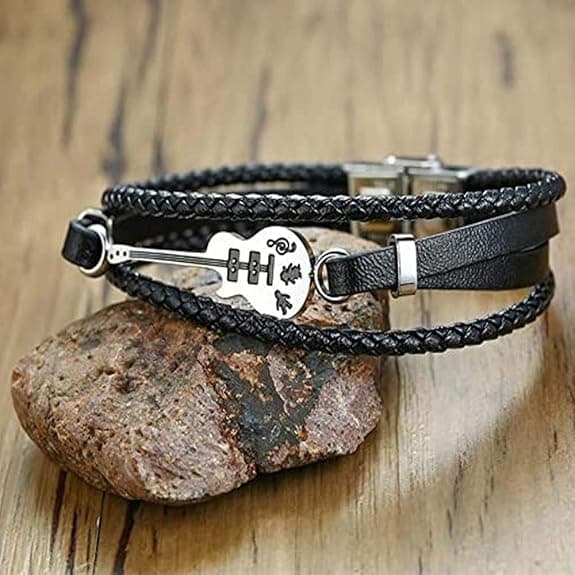 Guitar Charm Black Leather Braided Bracelet for Men & Women