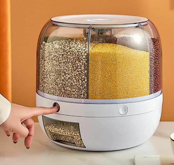360° Rotating Multi-Compartment Grain and Cereal Dispenser with Measuring Drawer