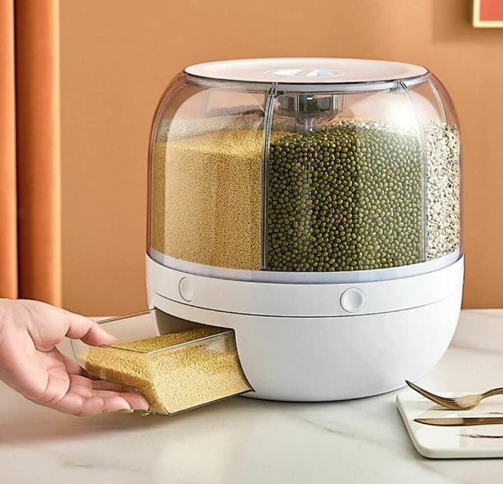 360° Rotating Multi-Compartment Grain and Cereal Dispenser with Measuring Drawer