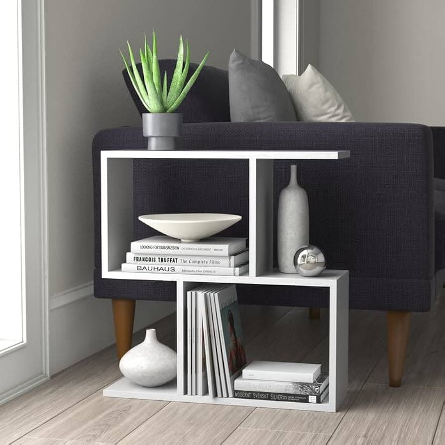 Engineered Wood Utility Table with Storage | Modern S-Shaped Bookshelf & Display Rack for Home and Office | White alternate