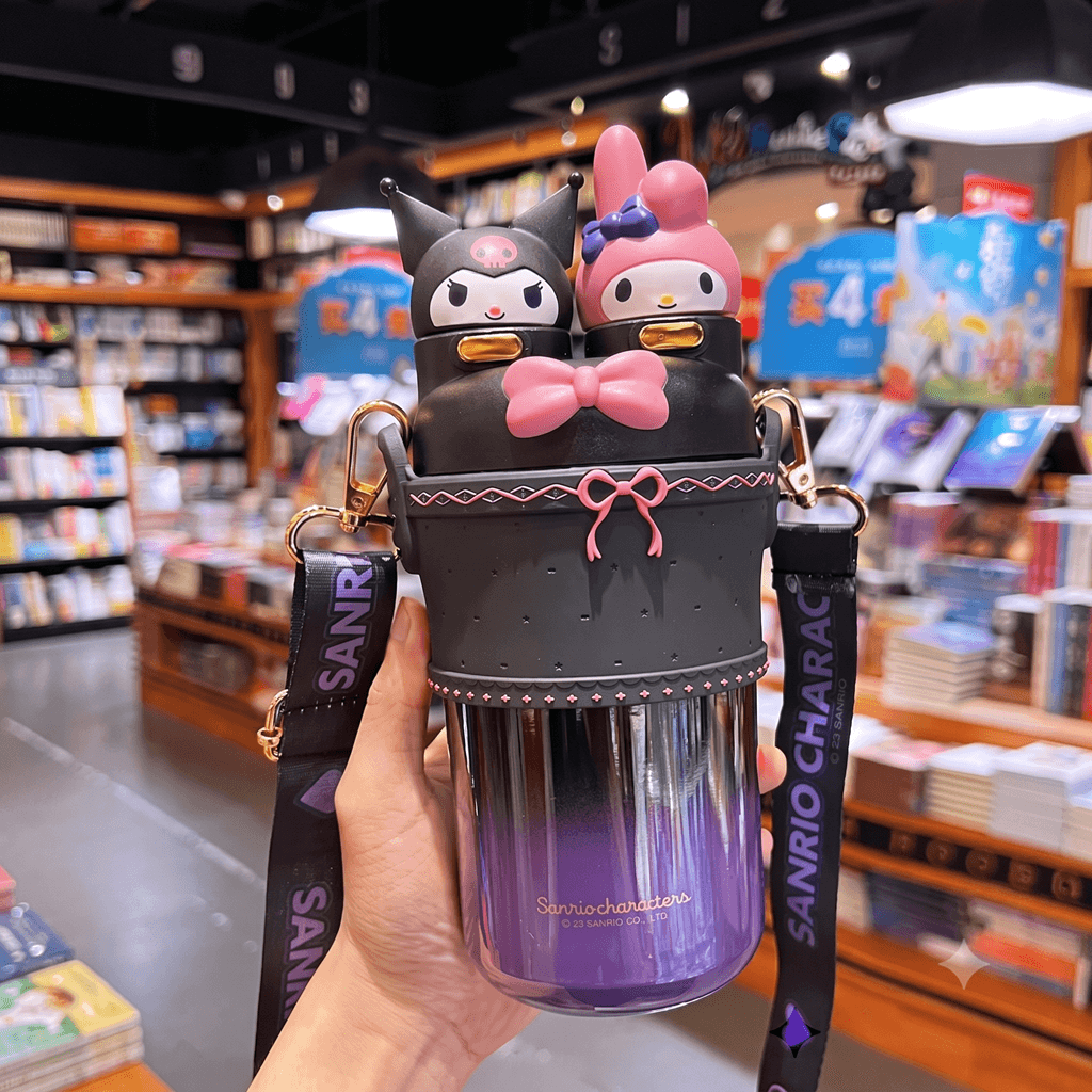 Kuromi & My Melody Stainless Steel Tumbler with Strap – Dual-Lid Insulated Bottle with Straw & Sip Design alternate