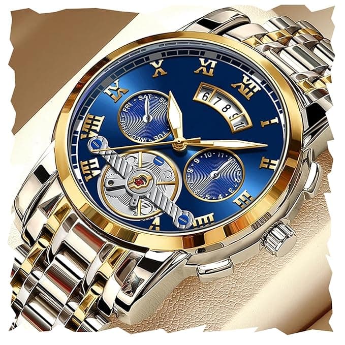 Men's Luxury Two-Tone Automatic Watch with Blue Dial and Open Heart Movement
