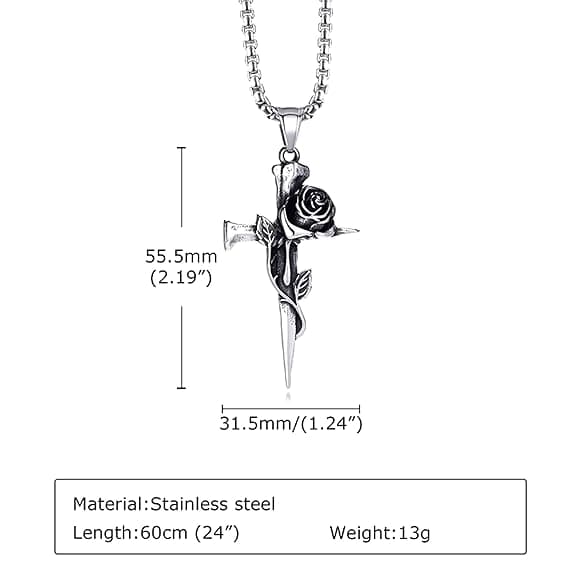 Gothic Silver Nail Cross Pendant Necklace with Entwined Rose alternate