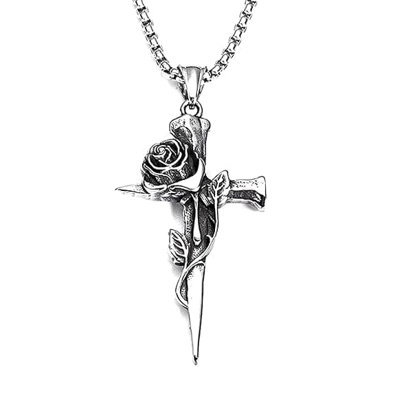 Gothic Silver Nail Cross Pendant Necklace with Entwined Rose